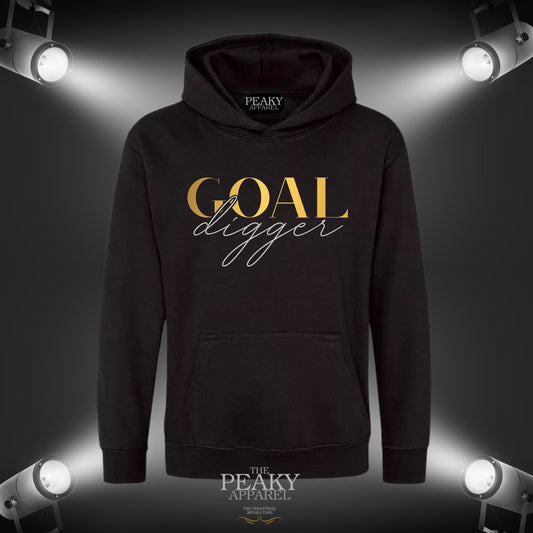 Goal Digger Inspirational Gold Hoodie Unisex Men Ladies Kids Casual Black or Grey Design Soft Feel Midweight Quality Material