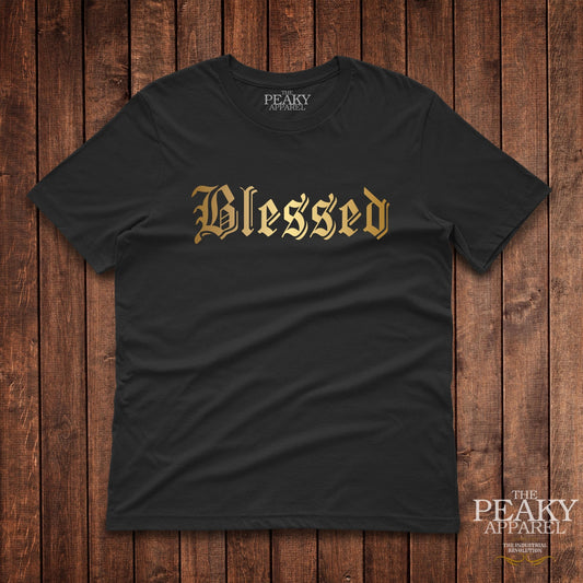 Blessed Inspirational Gold T-Shirt Mens Casual Black or White Design Soft Feel Lightweight Quality Material