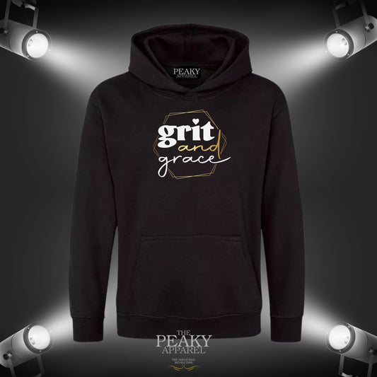 Grit & Grace Inspirational Gold Hoodie Unisex Men Ladies Kids Casual Black or Grey Design Soft Feel Midweight Quality Material