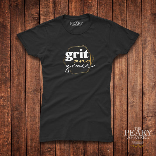 Grit & Grace Inspirational Gold T-Shirt Womens Casual Black or White Design Soft Feel Lightweight Quality Material