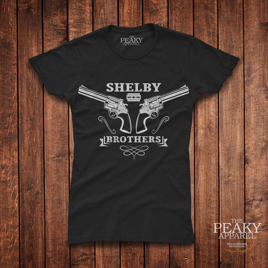 Peaky Apparel Blinder Ladies Women Casual T-Shirt Black or White "SHELBY BROTHERS" Design Soft Feel Lightweight Quality Material