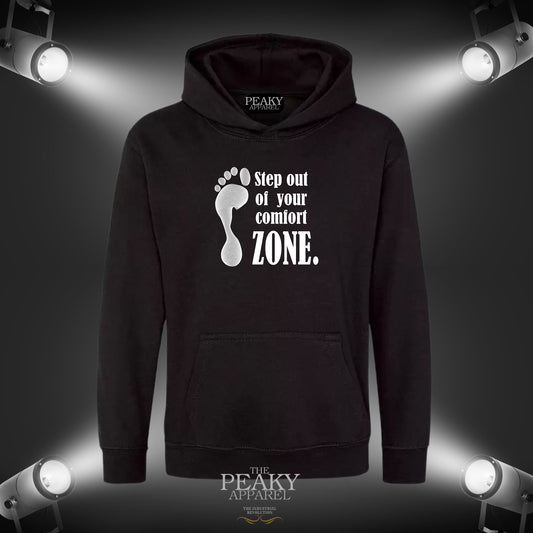 Comfort Zone Motivational Inspirational Hoodie Unisex Men Ladies Kids Casual Black Grey Design Soft Feel Midweight Quality Material