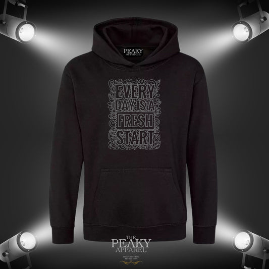 Fresh Start Motivational Inspirational Hoodie Unisex Men Ladies Kids Casual Black Grey Design Soft Feel Midweight Quality Material