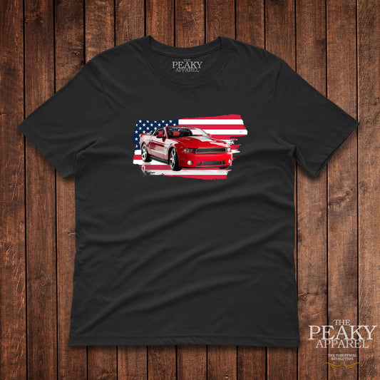 Super Car Ford Mustang USA Flag T-Shirt Mens Casual Black or White Design Soft Feel Lightweight Quality Material