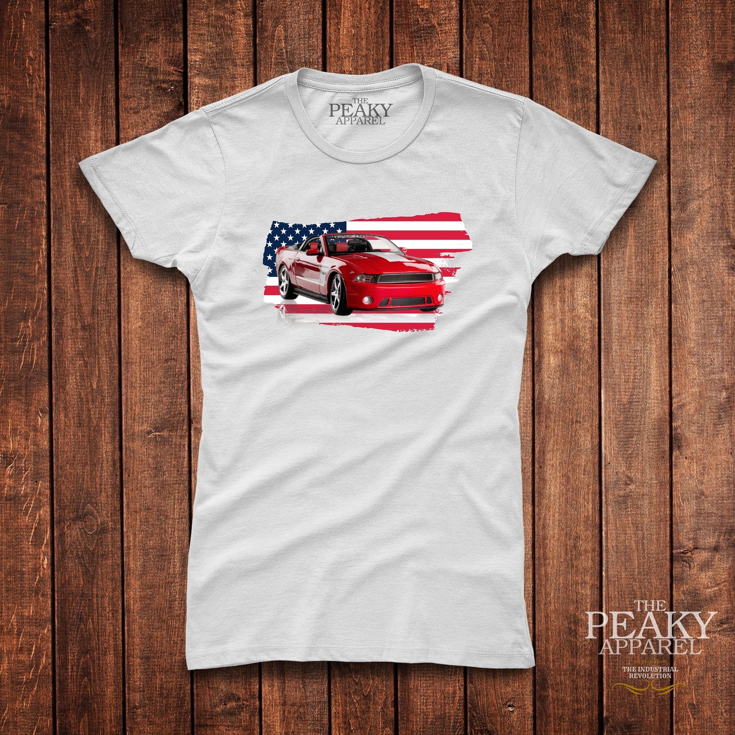 Super Car Ford Mustang USA Flag T-Shirt Womens Casual Black or White Design Soft Feel Lightweight Quality Material