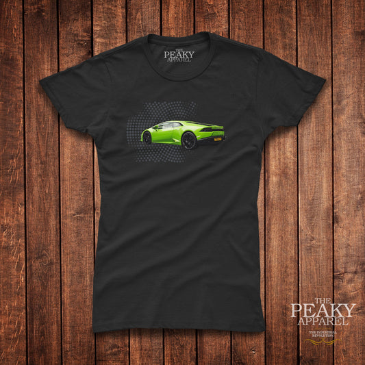 Super Car Green Lamborghini T-Shirt Womens Casual Black or White Design Soft Feel Lightweight Quality Material